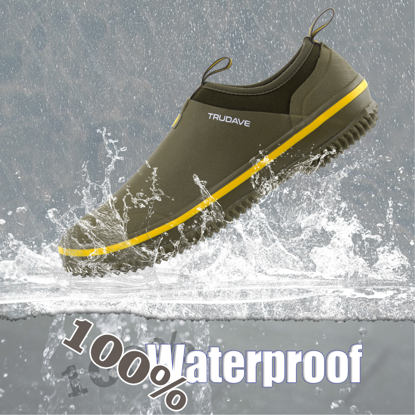 alt="Detail image of Trudave GreenStep Series waterproof slip-on garden shoes in olive green color showing water-repellent rubber surface with droplets, demonstrating full waterproof protection and durable outdoor design for gardening, yard work, and rainy conditions"